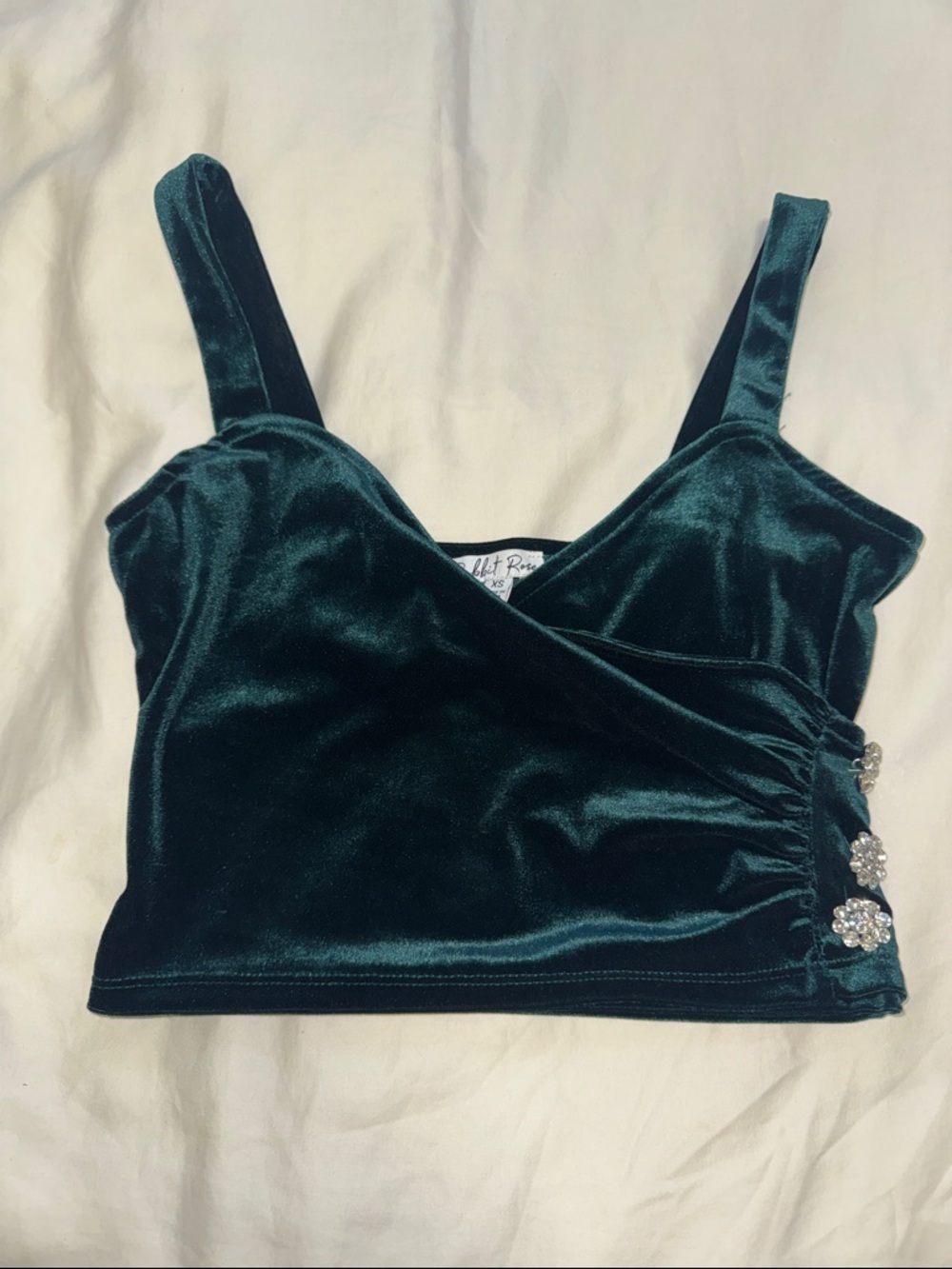 Velvet Wrap Crop Top with Embellished Side - Teal